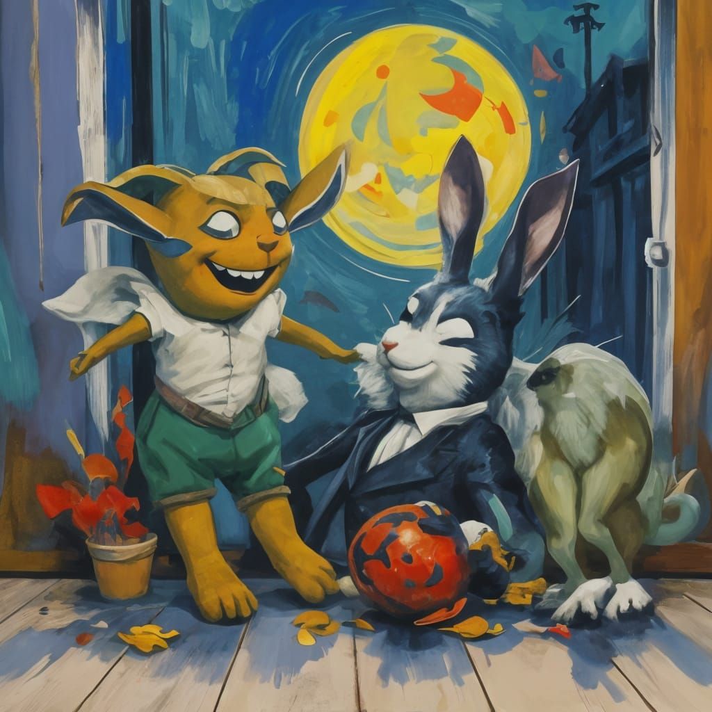 Moonlit Rabbit's Fairy-Tale Leap: Expressionist Style