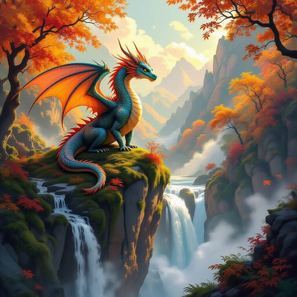 Ancient Dragon Over Autumn Waterfall