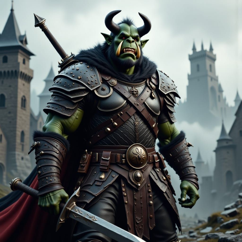 Orc Warlord in Scale Armor Outside Mountain Castle