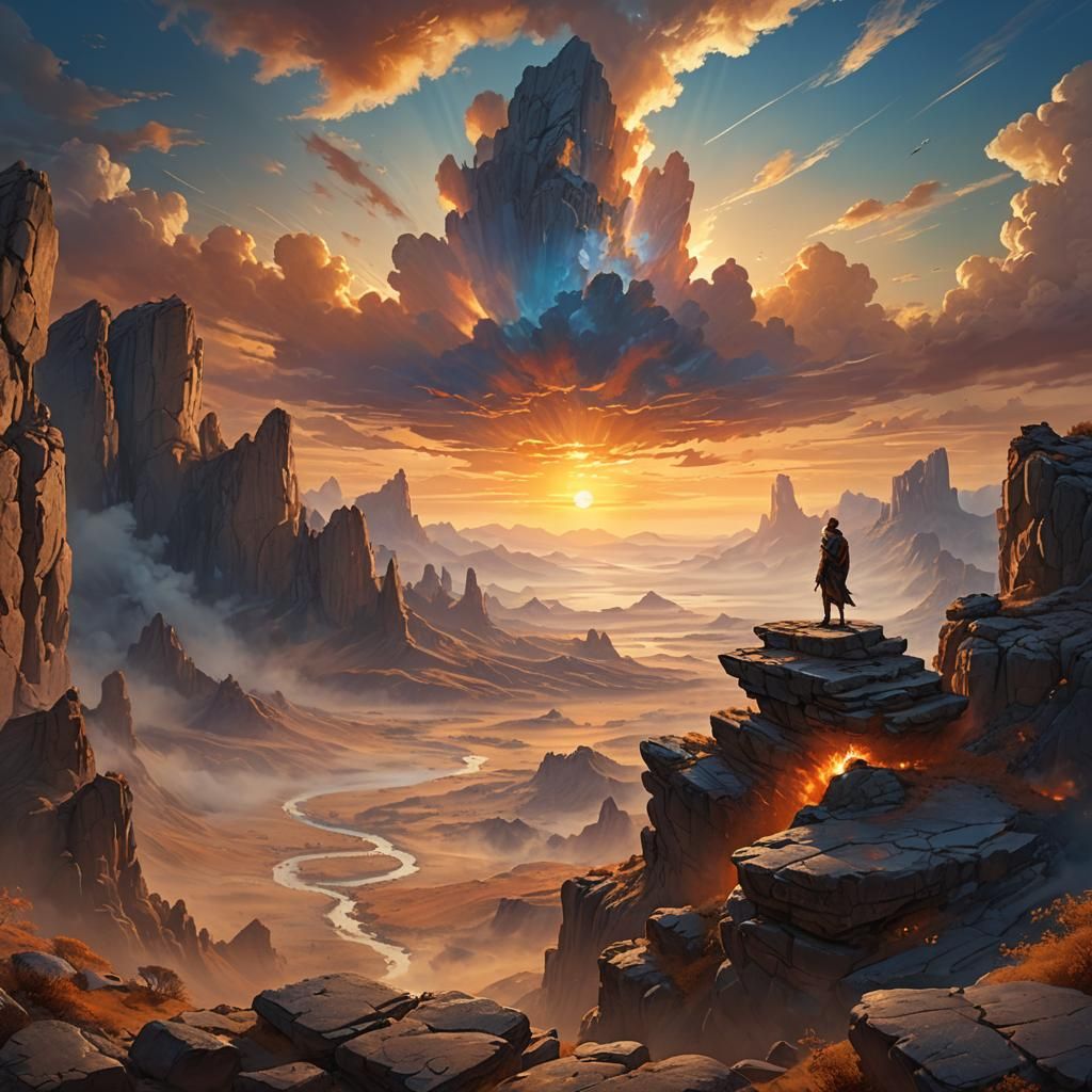 Lone Figure Witnesses Sunset: Fantasy Concept Art
