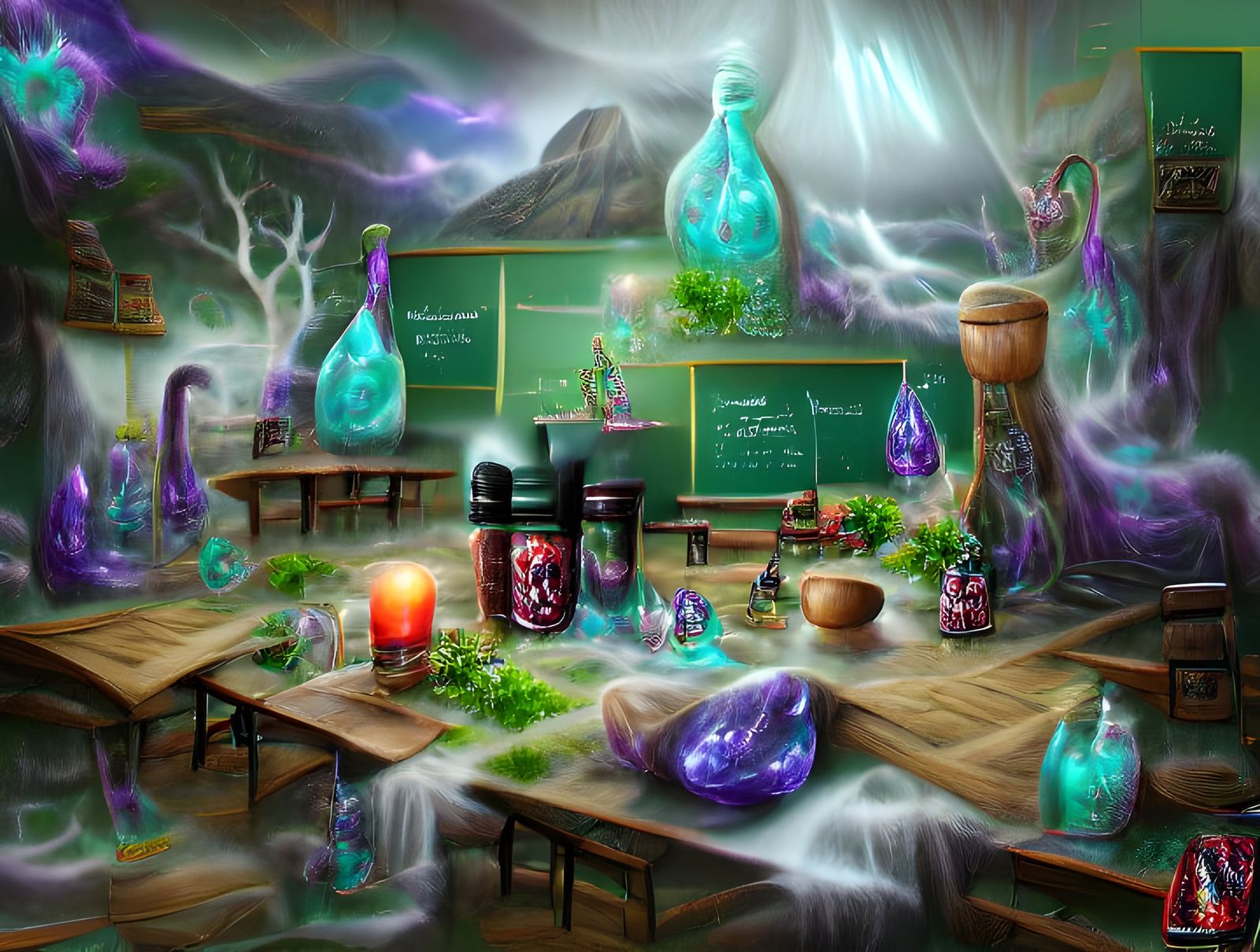Mysterious Potion Classroom in Fantasy Horror Style