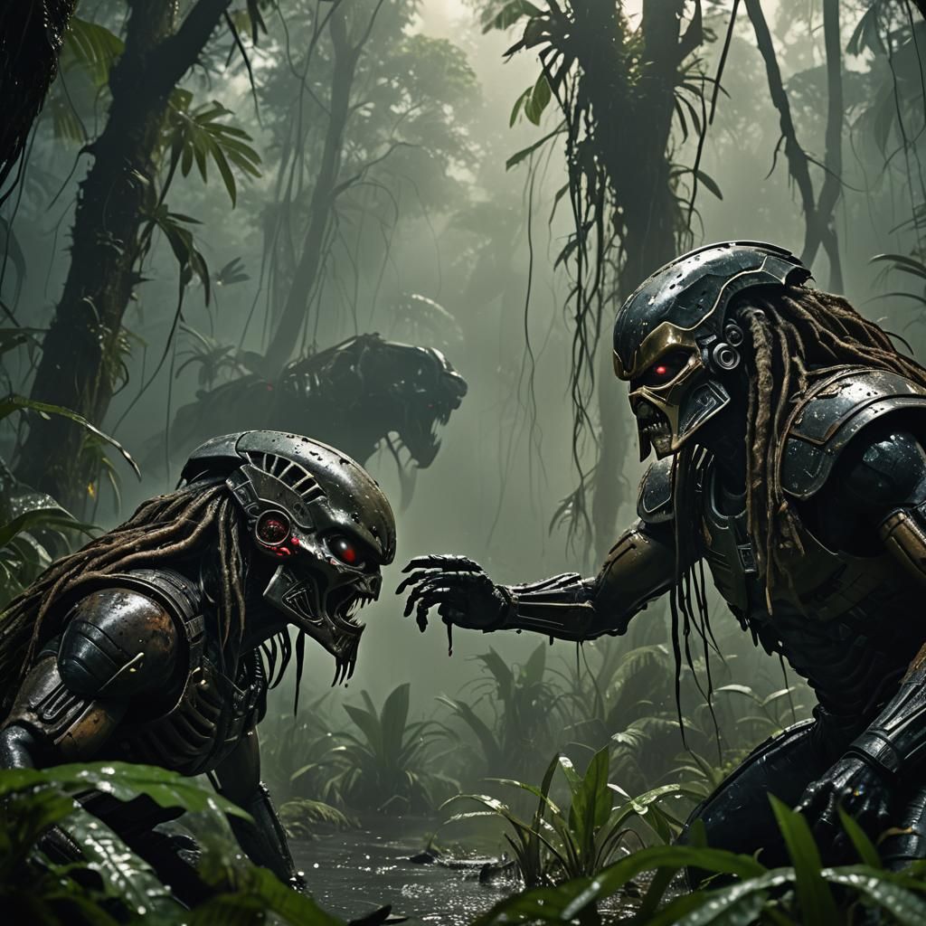 Alien vs Predator Faceoff in Jungle, Oil Painting Style
