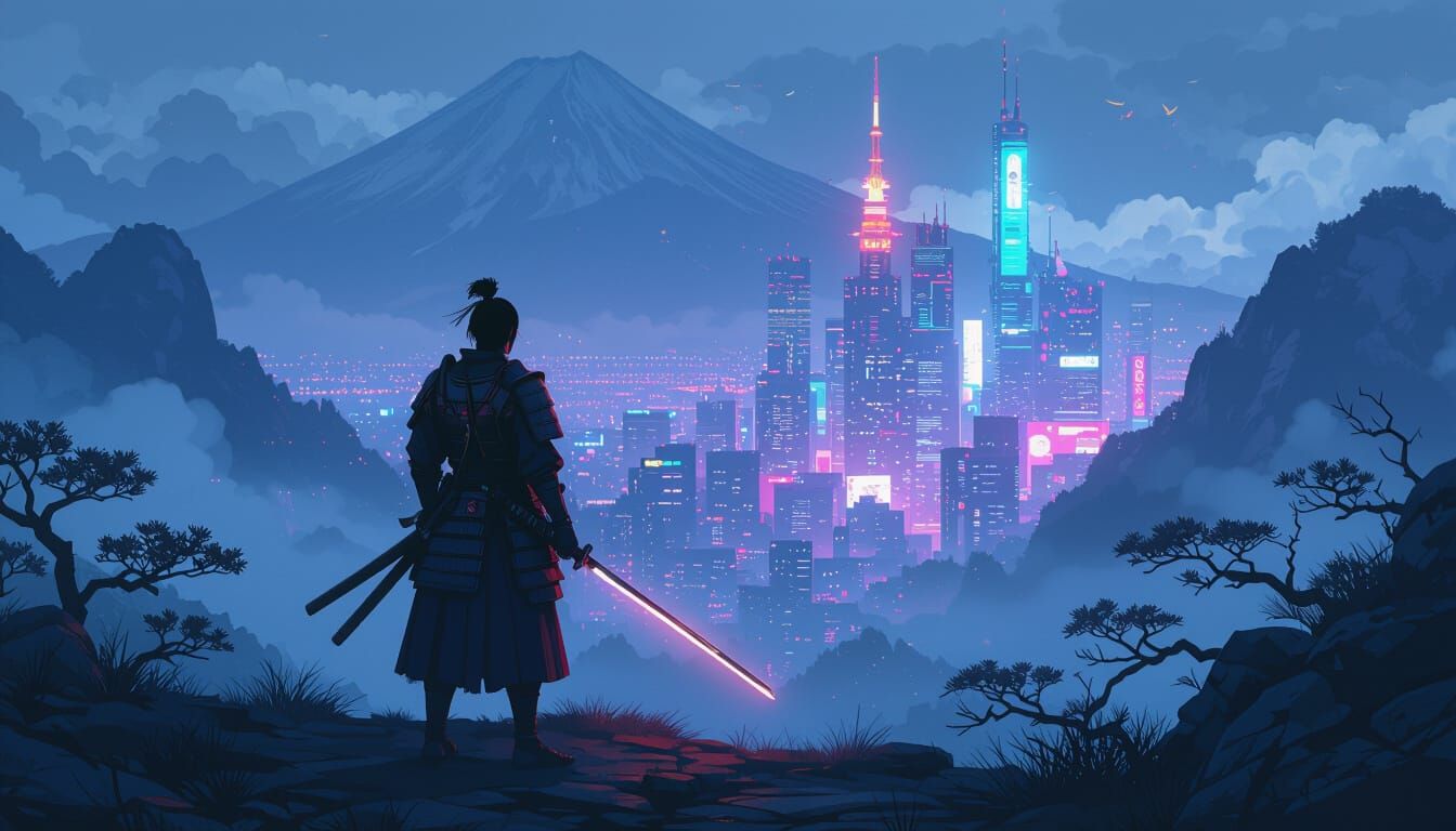 Cyberpunk Samurai on Misty Mountaintop, Cel-Shaded Art