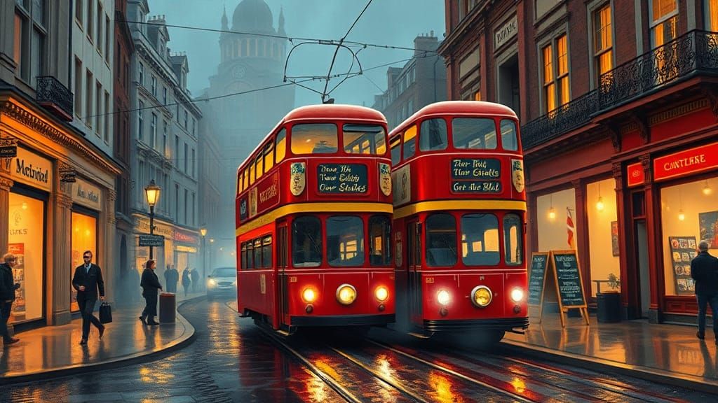 1950s British City Street with Red Tram