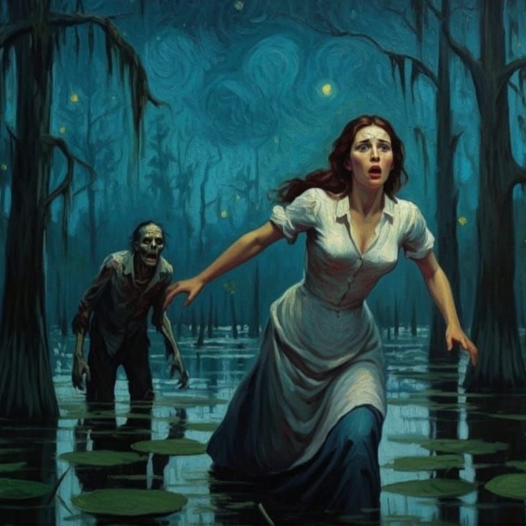 Cajun Woman's Flight: Van Gogh-Style Zombie Horror