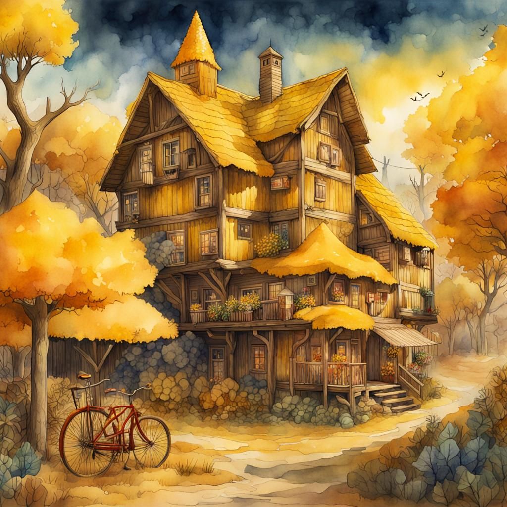 Yellow Wilderness Village in Watercolour Style