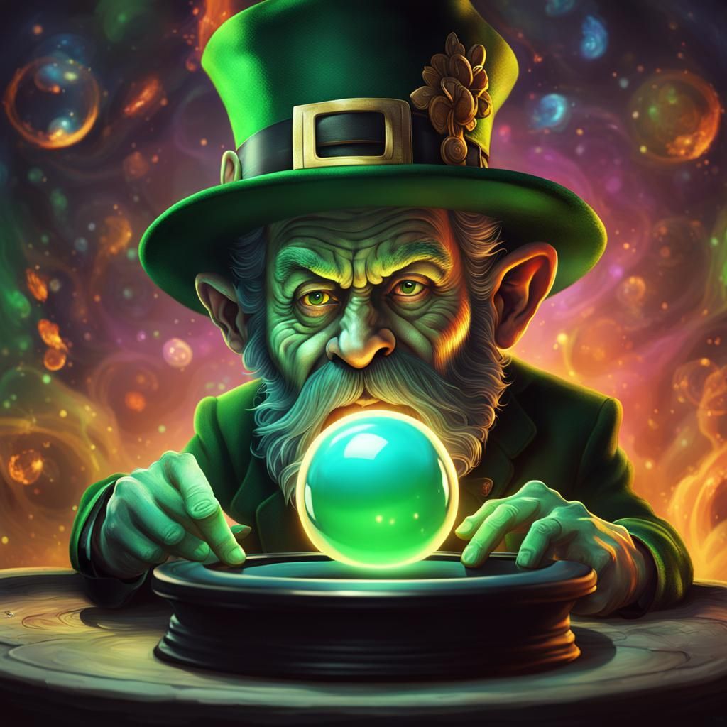 Hyperrealistic Leprechaun Contemplates Magic Ball