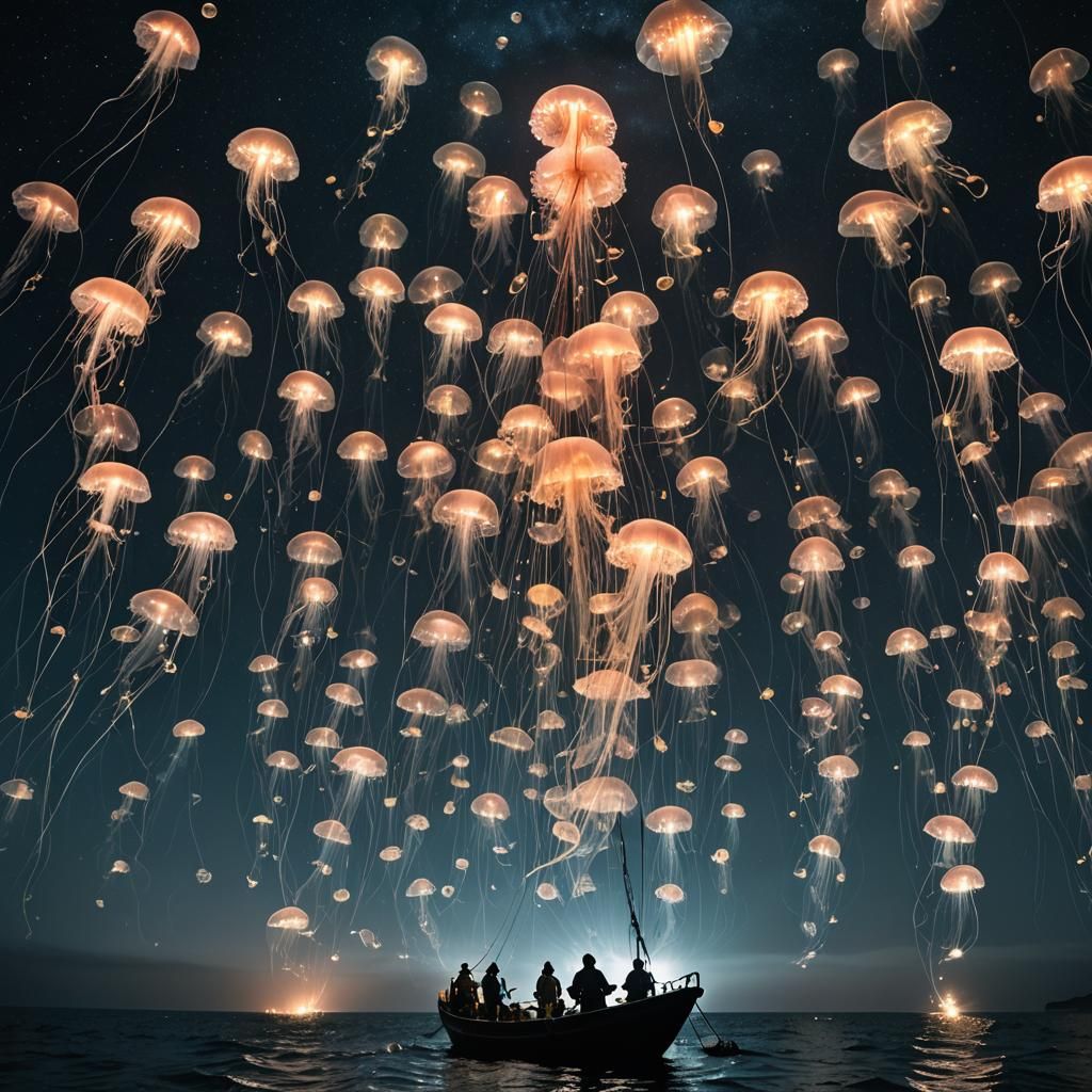 Fishermen and Glowing Jellyfish at Night