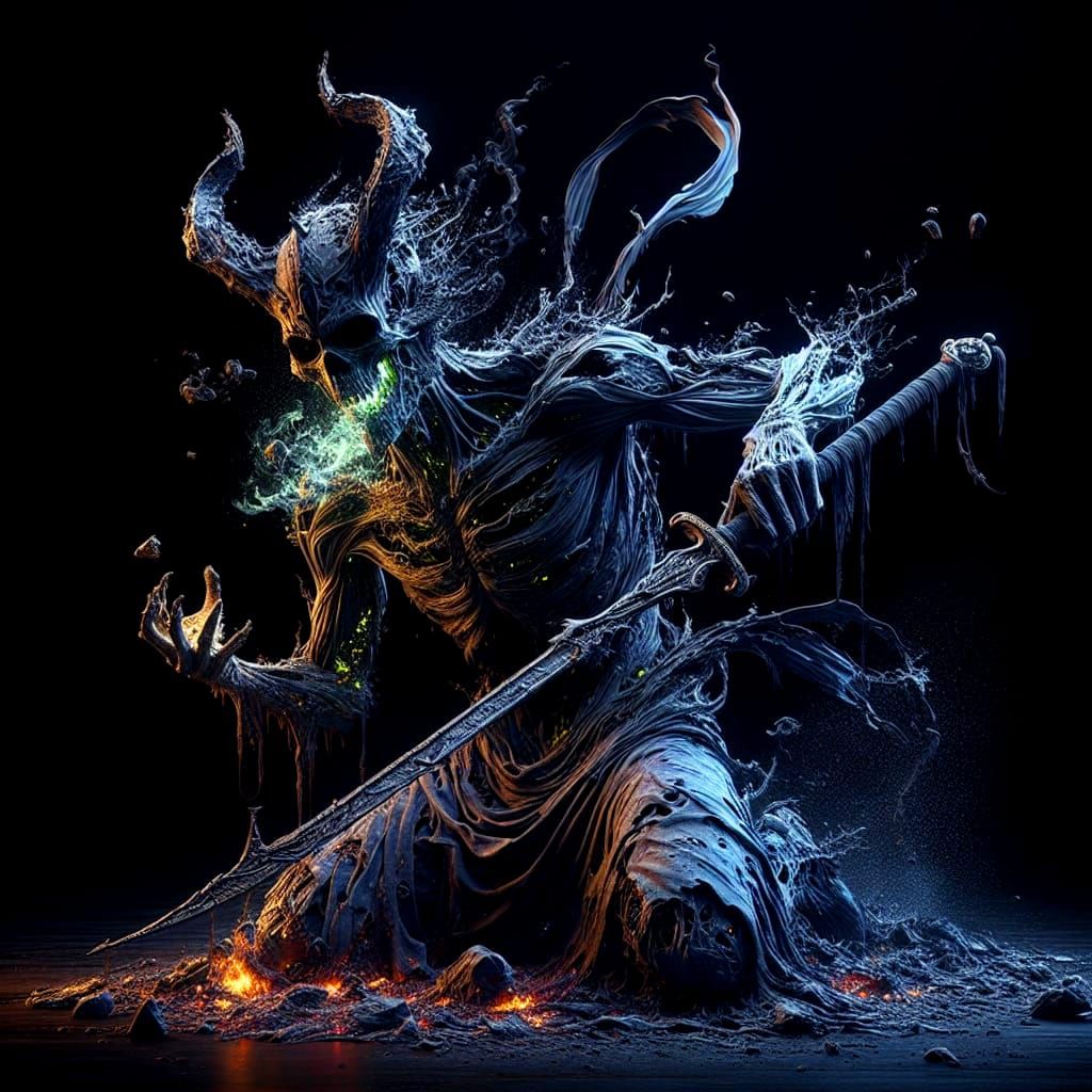 Disintegrating Djinn with Scimitar: Hyperrealistic Molten Sh...