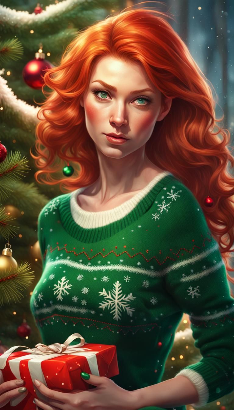 Festive Redhead Portrait with Christmas Tree