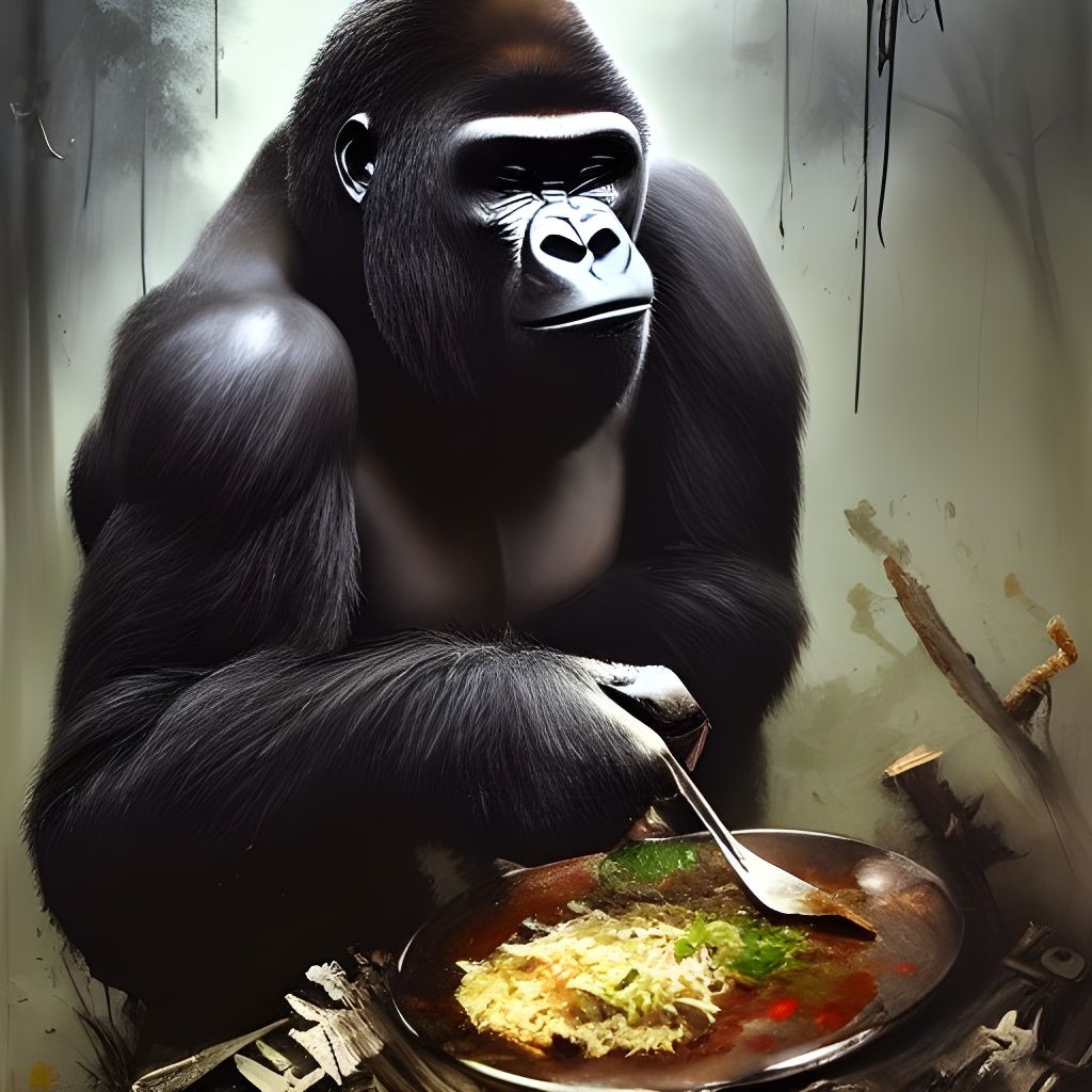 Gorilla Warlord Preparing Food in Hyperreal Style