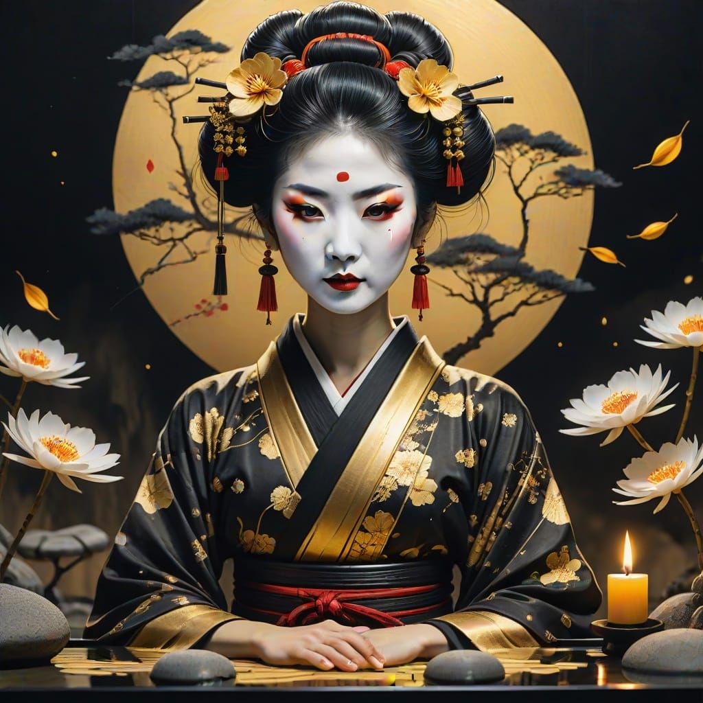Gothic Geisha in Zen Garden Surreal Tarot Card