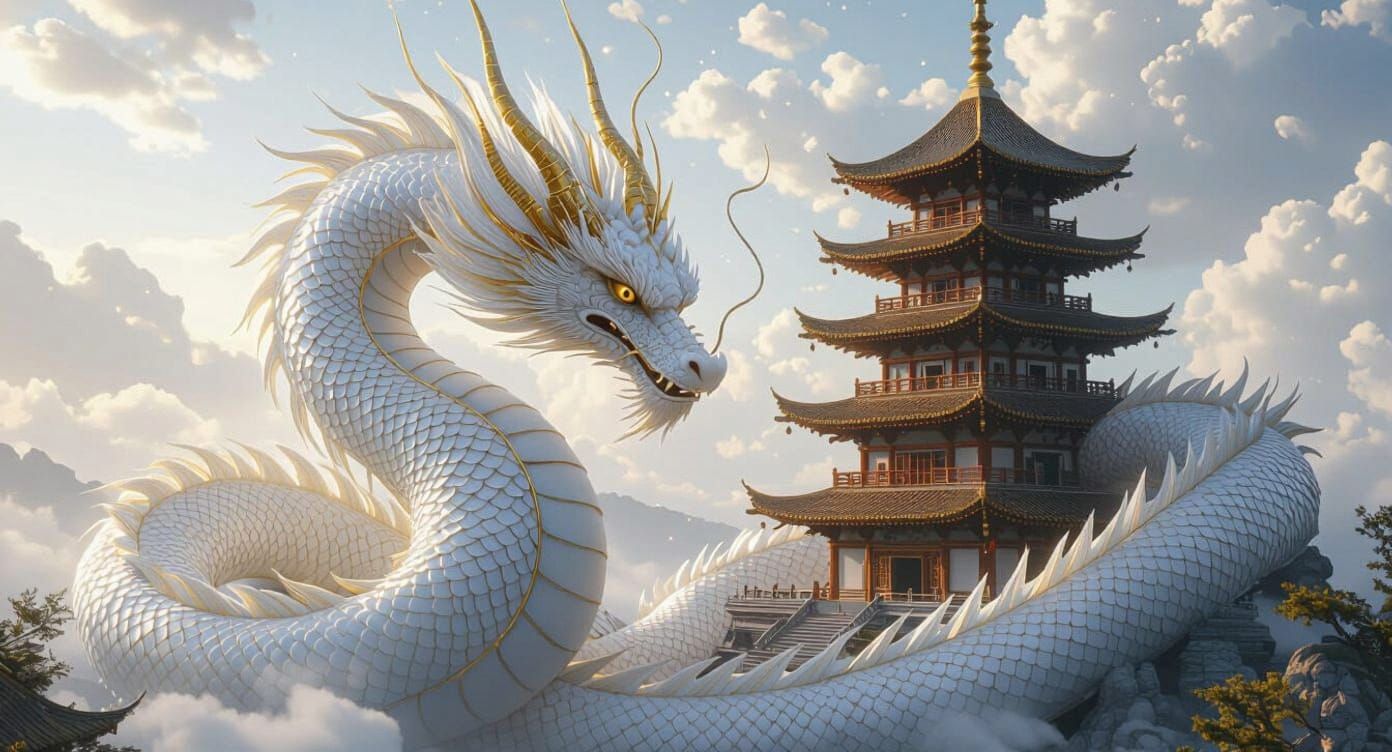 Celestial Dragon Coiled Around Ancient Pagoda in Hyperrealis...