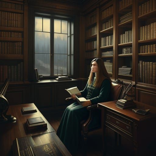Serene Scholar in a Cozy Leather-Bound Library