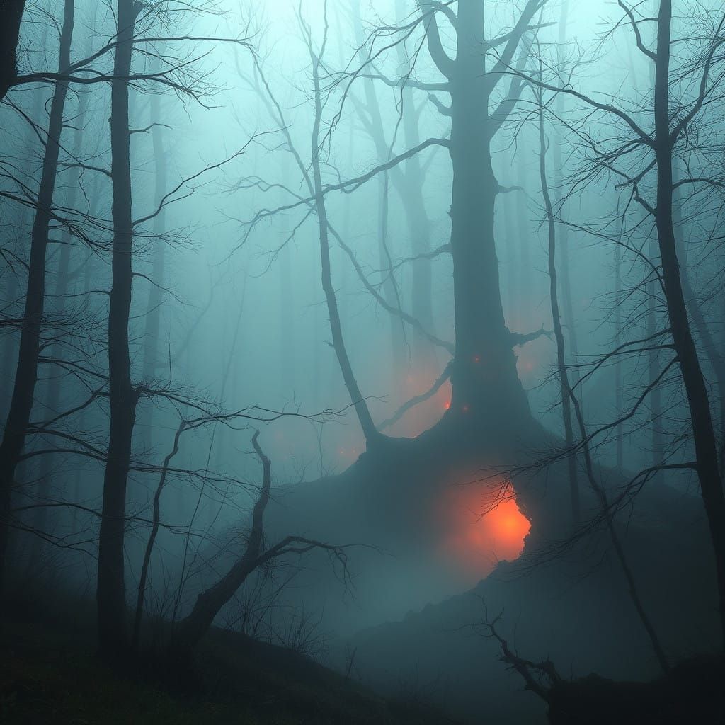 Misty Mountain Ruin Enshrouded by Colorful Will-o'-the-Wisps