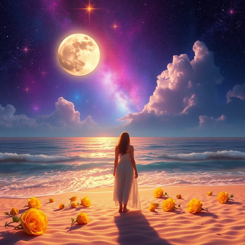 Ethereal Woman Amidst Glowing Ocean and Galaxy Sky