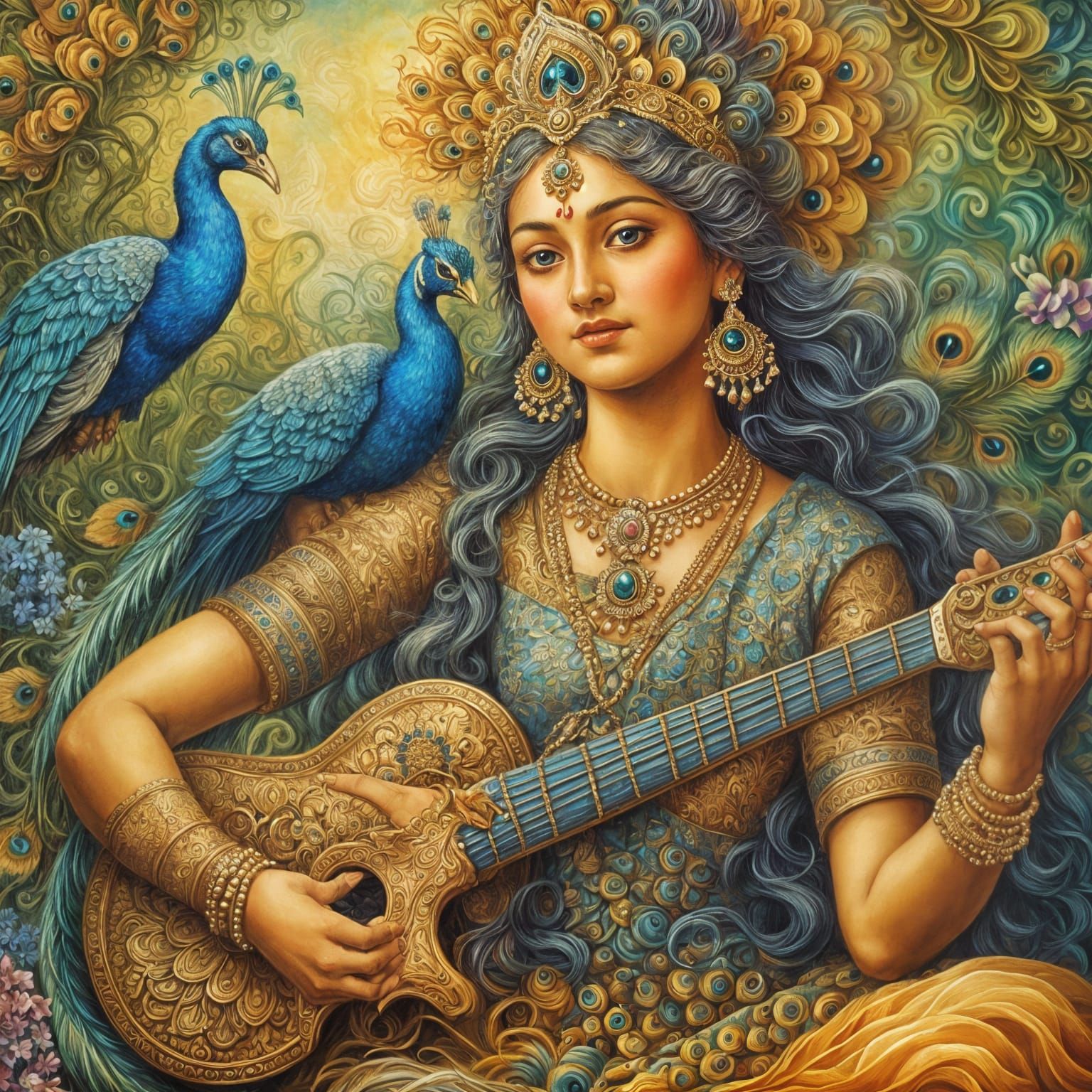 Serene Goddess of Knowledge with Peacock in Her Arms, Inspir...