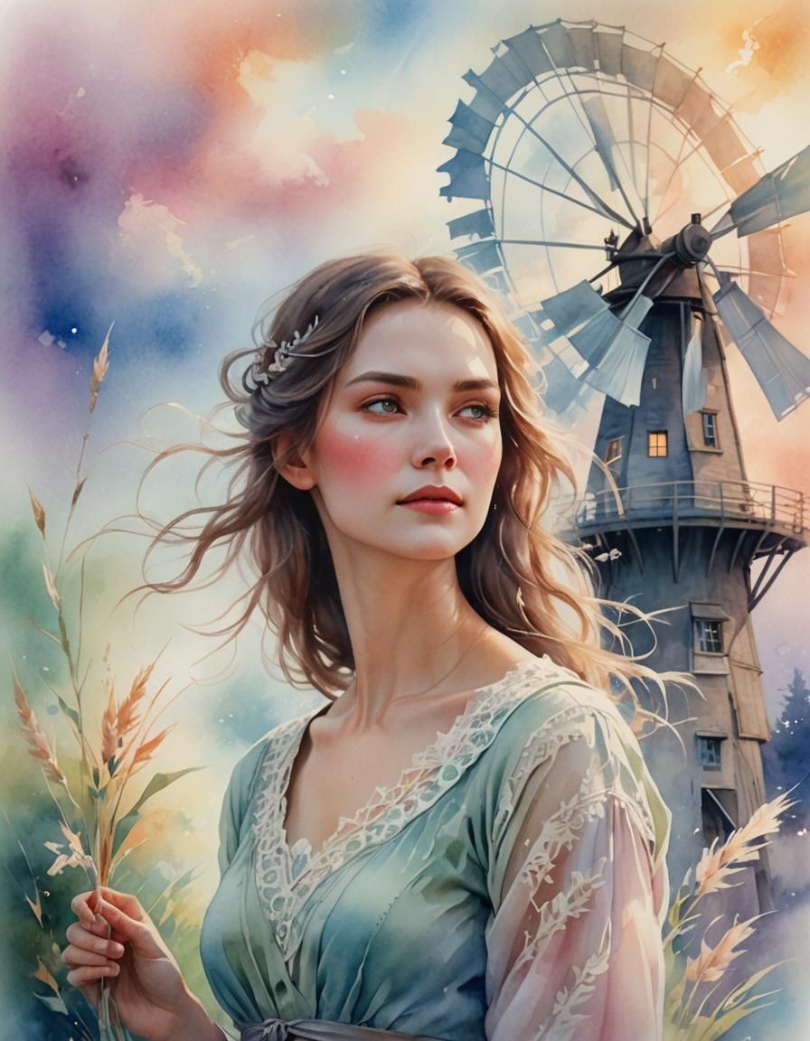 Ethereal Dreamscape: Serene Woman in Watercolor