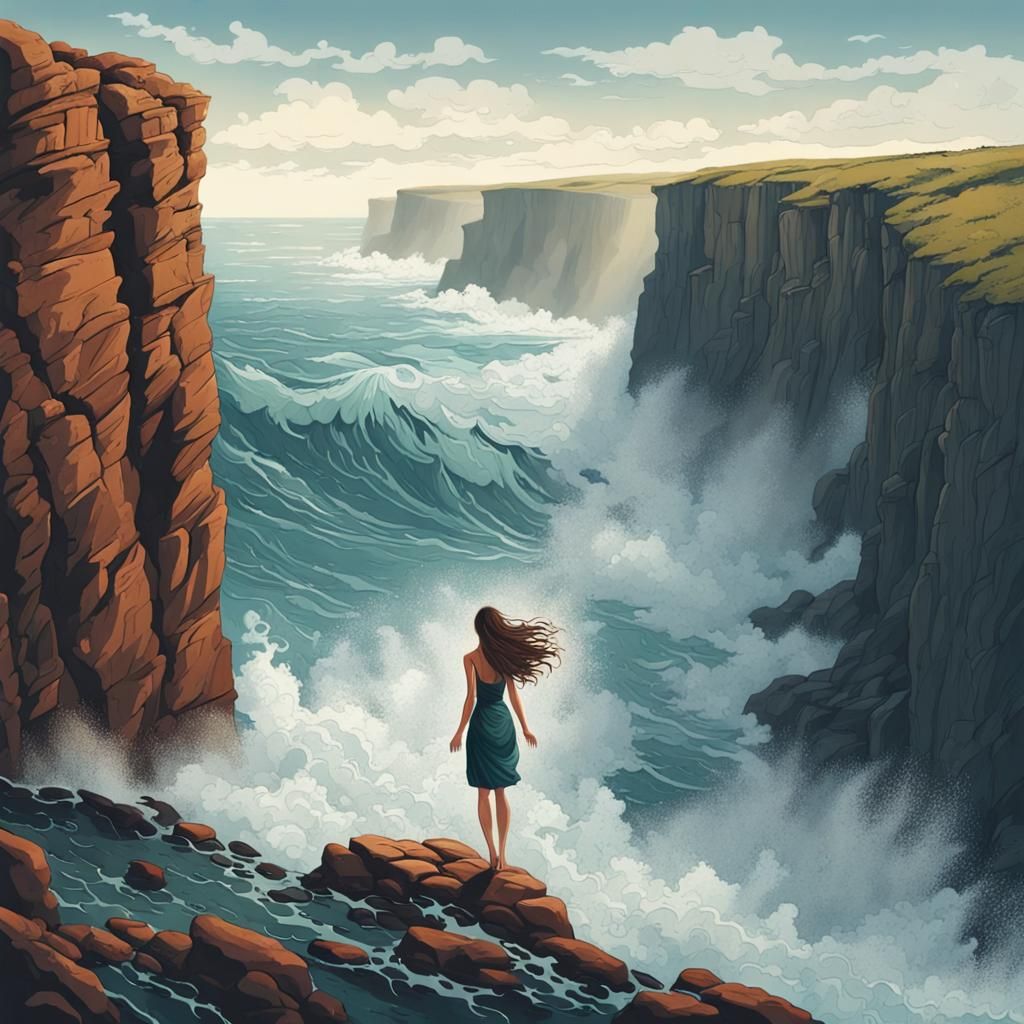 Ocean Waves Crashing Against Cliffs With Woman