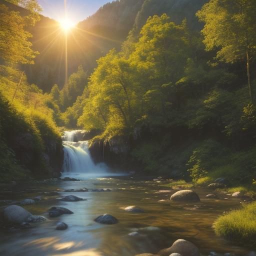 Golden Sunrise Over Mountain Stream: Ansel Adams Style