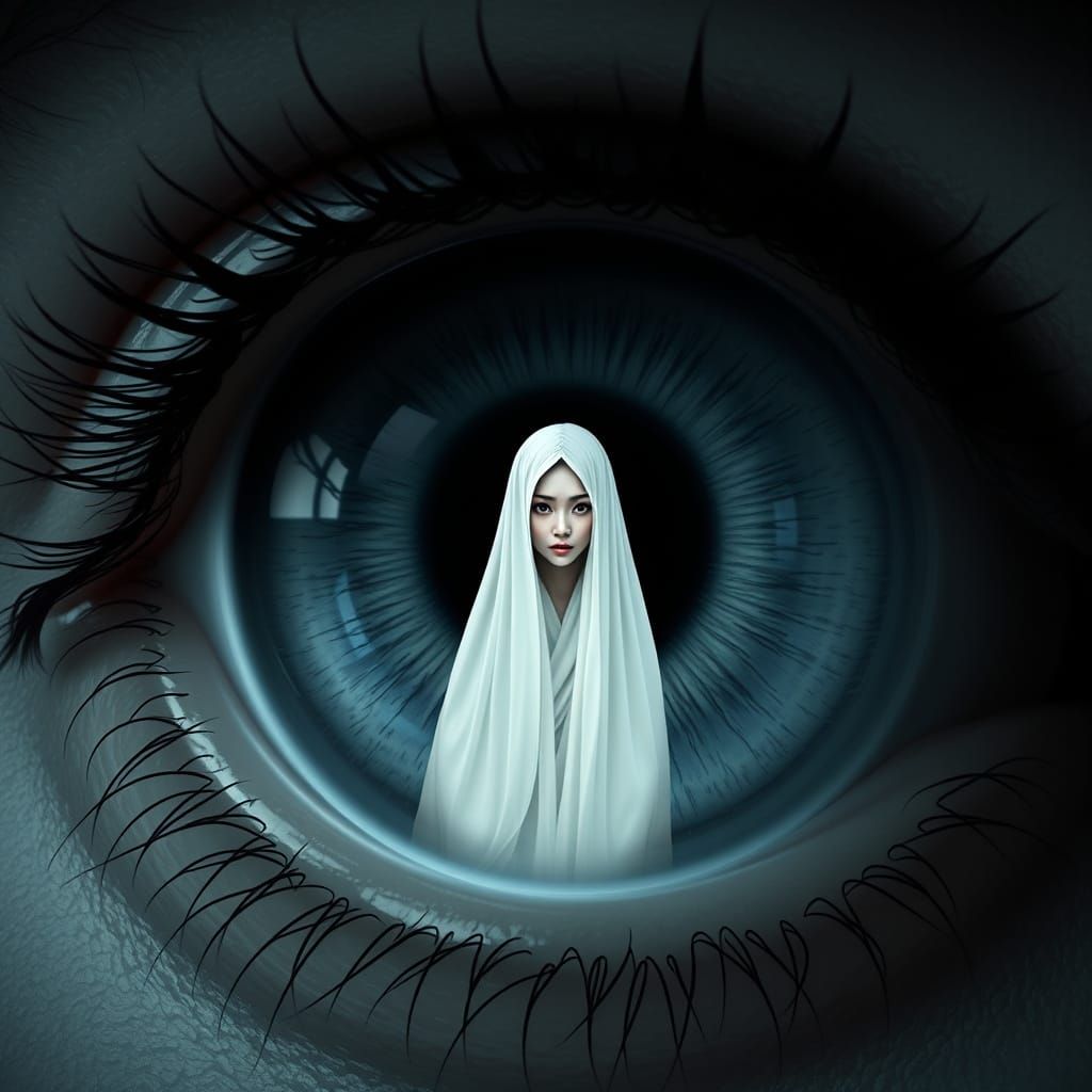 Gothic Eye with Ghostly Asian Woman, Surreal Horror Art