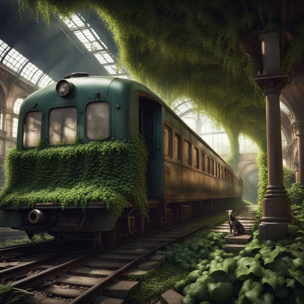 Abandoned Train Station with Greyhounds, Matte Painting