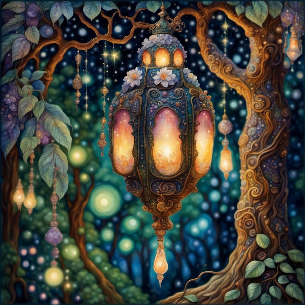 Ornate Fairy Lantern in Lush Forest, Klimt Style