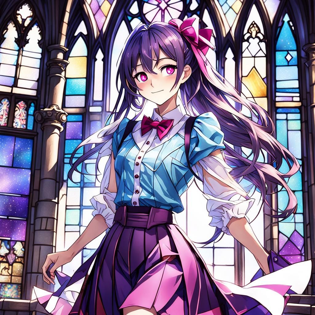 Anime Girl with Violet Hair in Castle