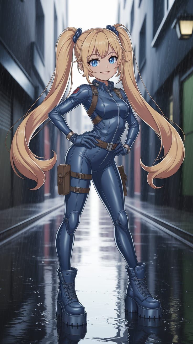 Confident Woman in Stealth Suit, Anime Style