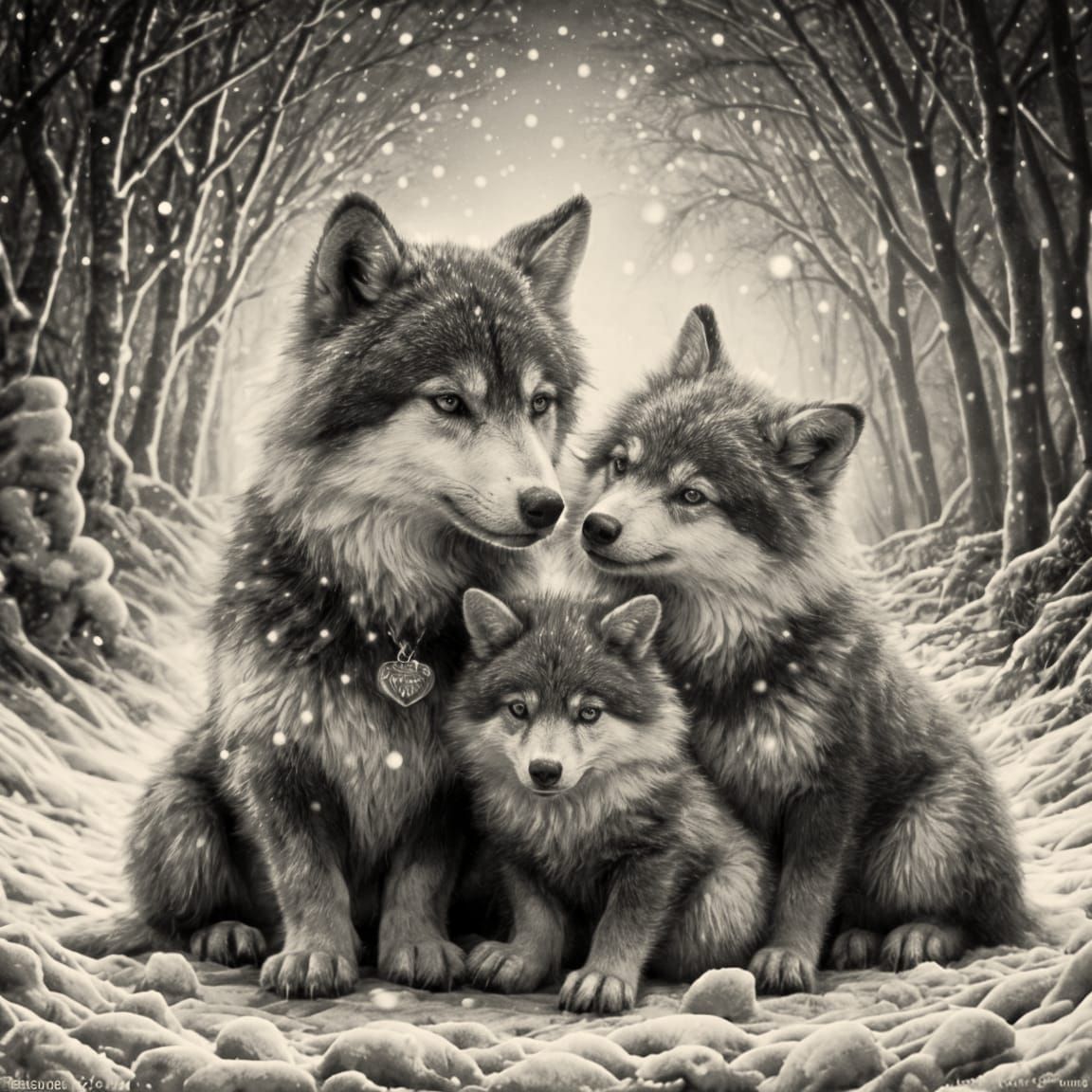 Mother Wolf and Pups in Frosty Winter Landscape