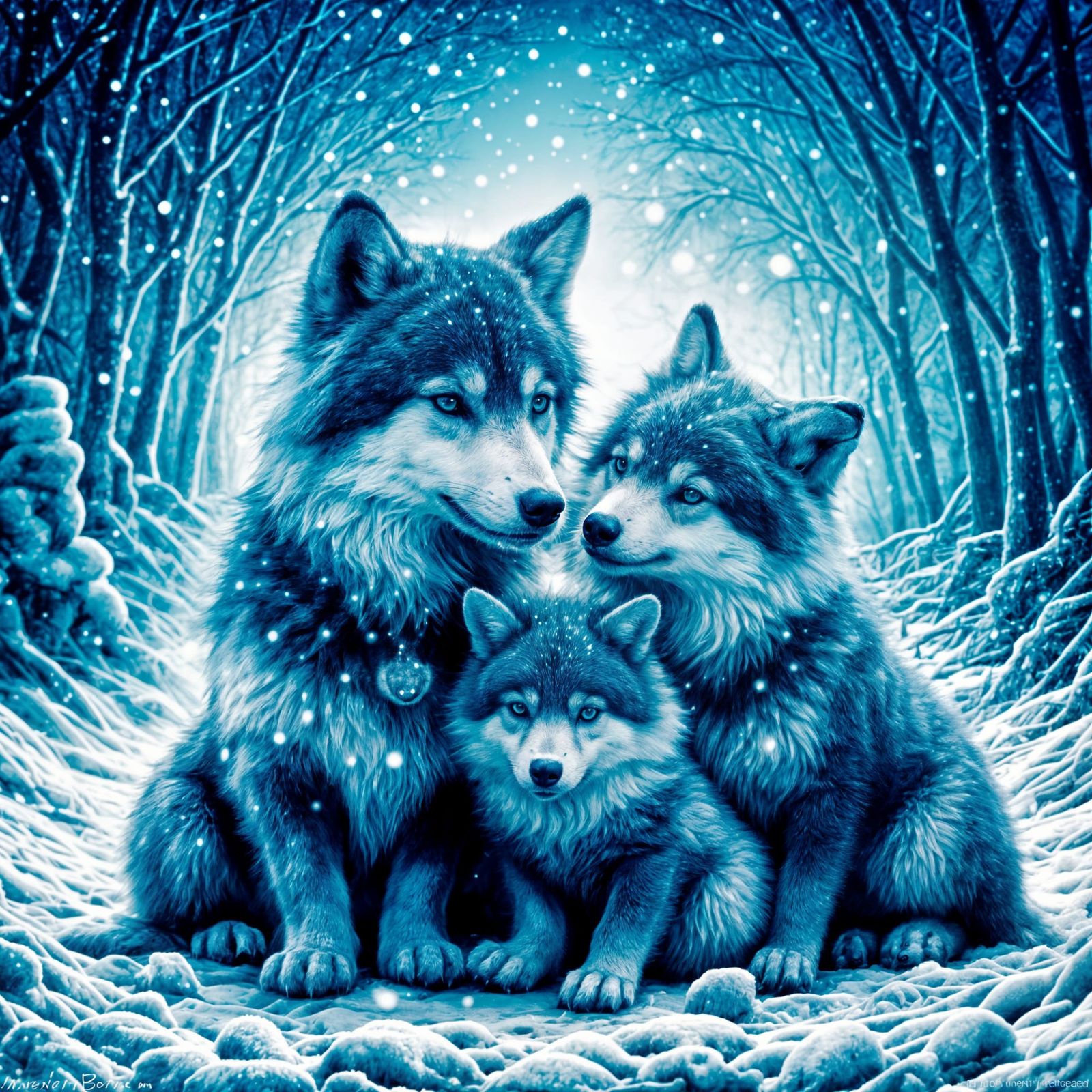 Mother Wolf and Pups on Frosty Winter Day