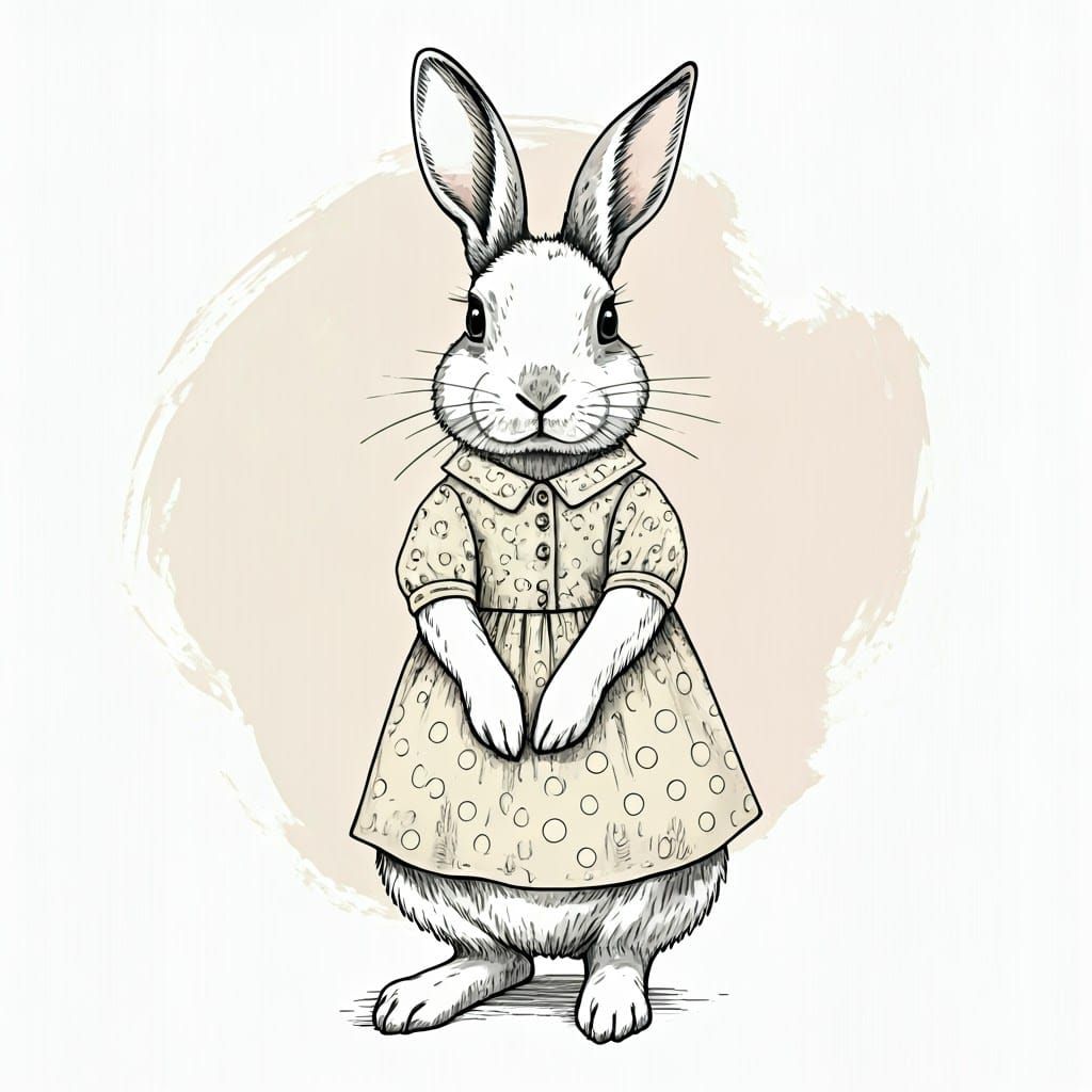 Rabbit in Polka-Dot Dress: Expressive Line Art