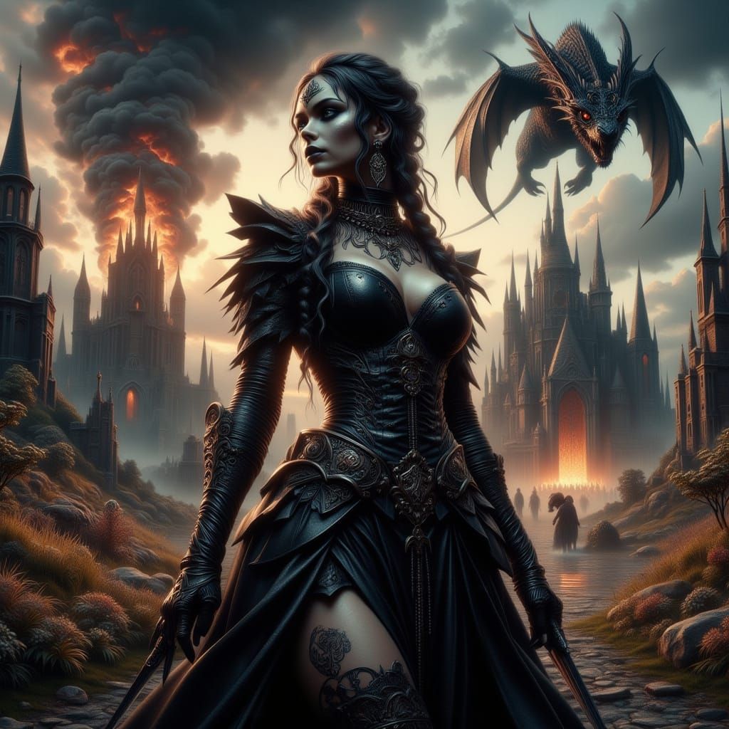 Evil Gothic Woman with Dragon and Burning Castle