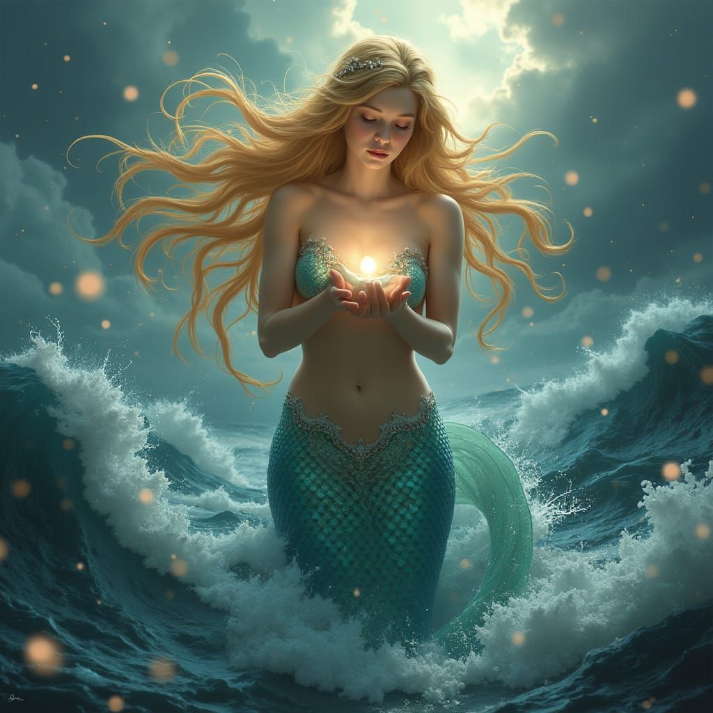 Mermaid Offering Pearl in Stormy Sea