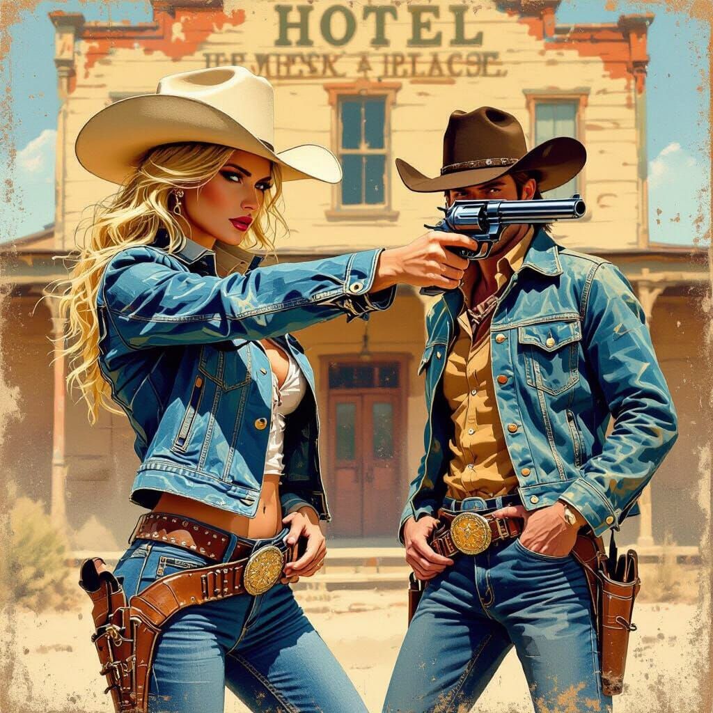 Futuristic Cowgirl Confrontation in the Old West