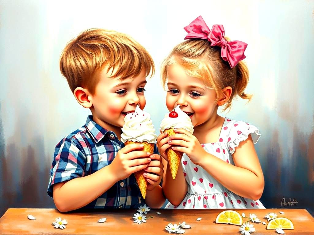 Children Share Ice Cream: A Canvas Oil Painting