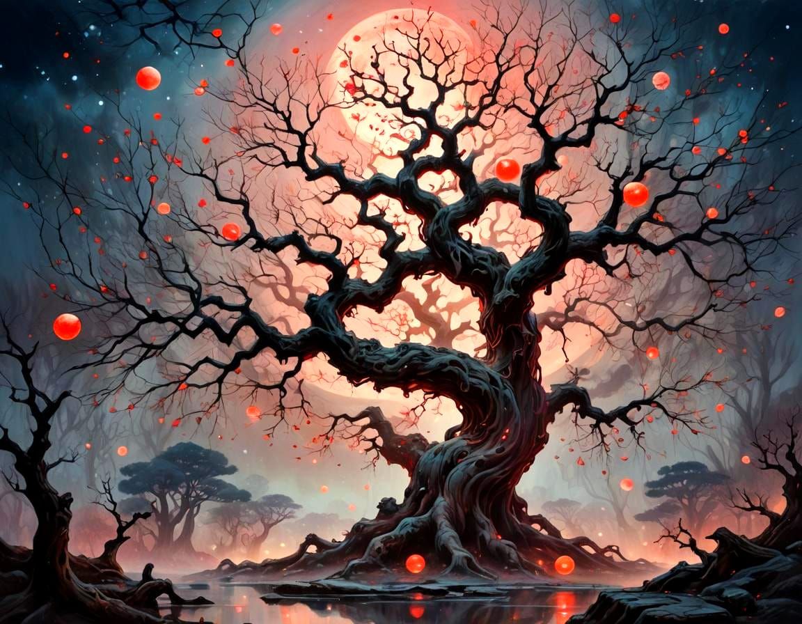 Eerie Forest with Red Moons in Fantasy Style