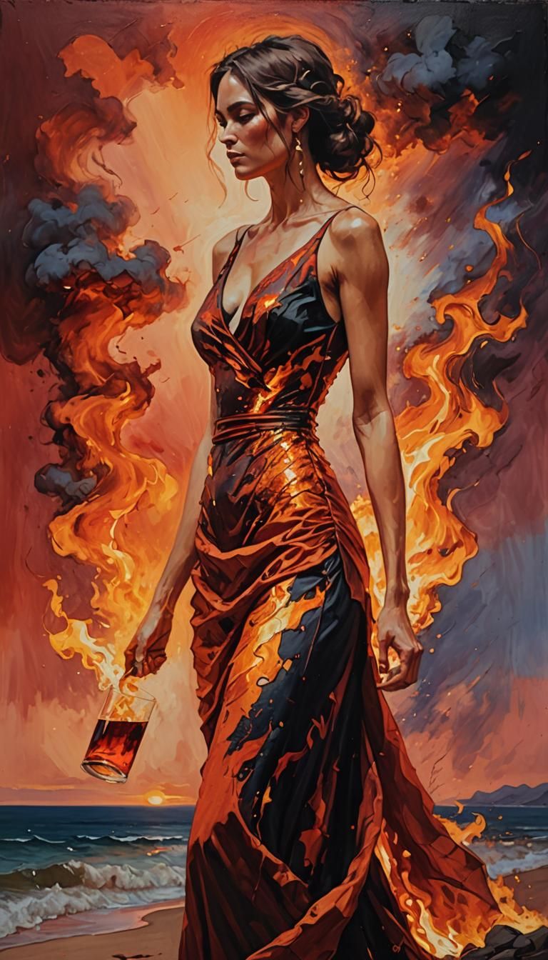 Woman in Fire Dress: Alcohol Ink Oil Painting