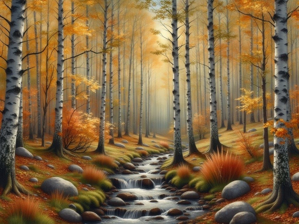 Autumn Forest Meadow with Stream and Soft Sunlight