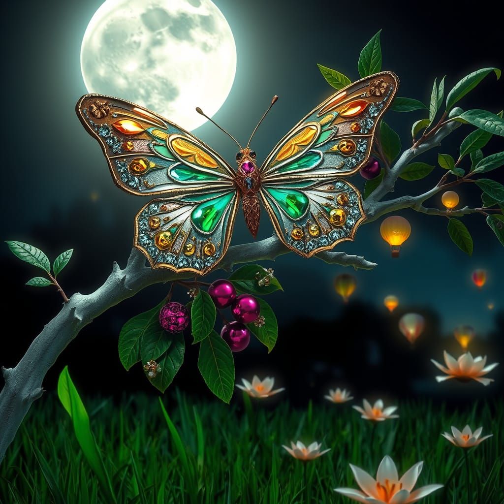 Jeweled Butterfly on Moonlit Branch