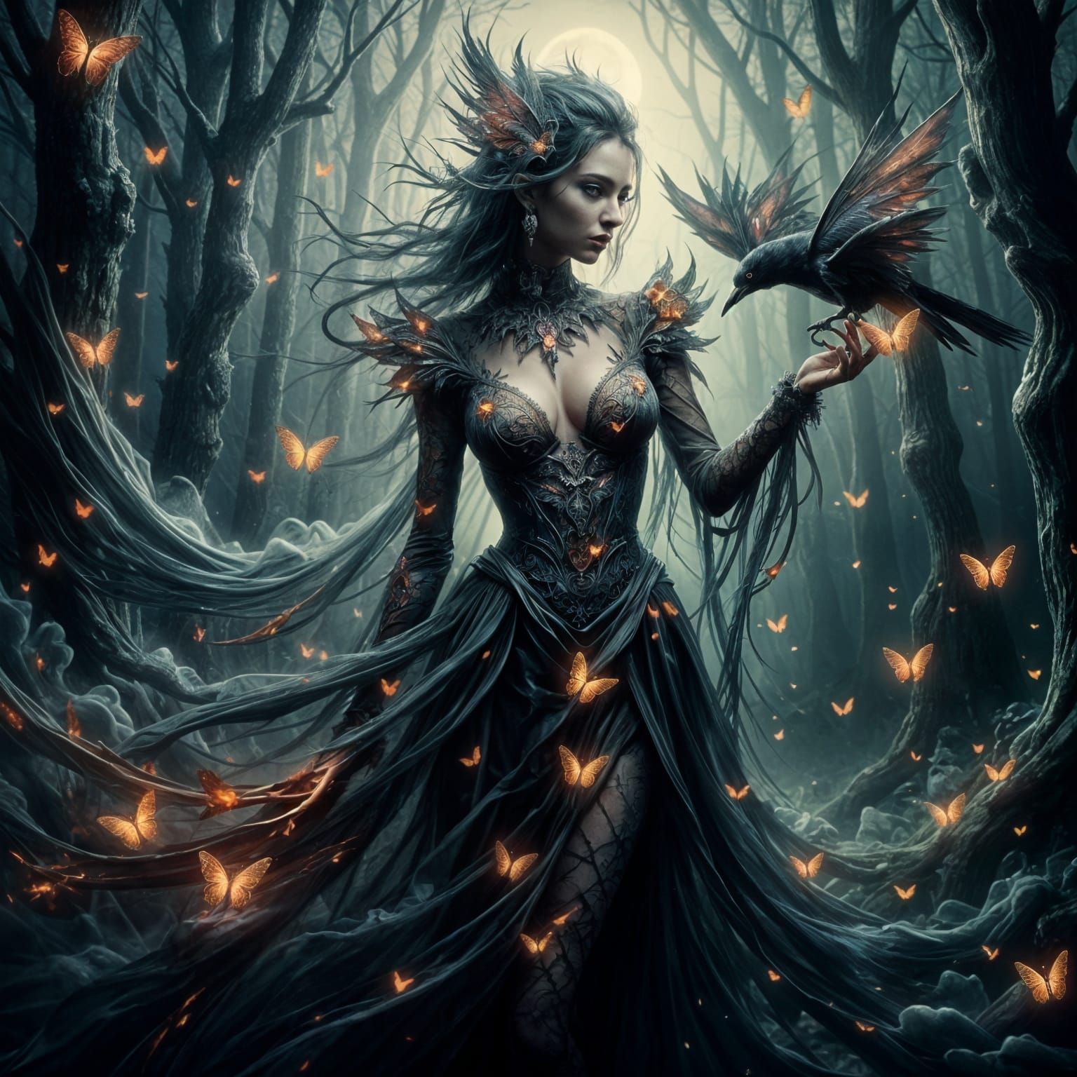 Ethereal Gothic Goddess in a Haunting Forest