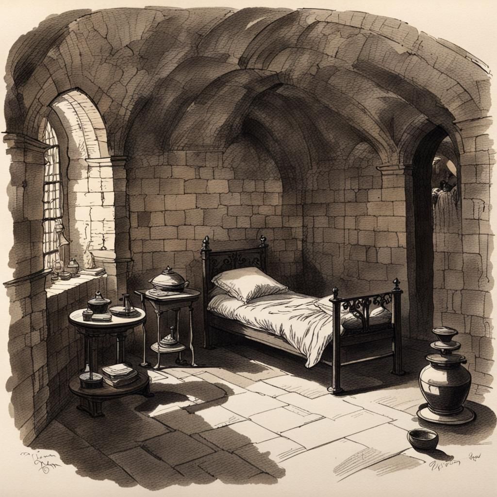 Victorian Opium Den in Crypt: Pen and Ink