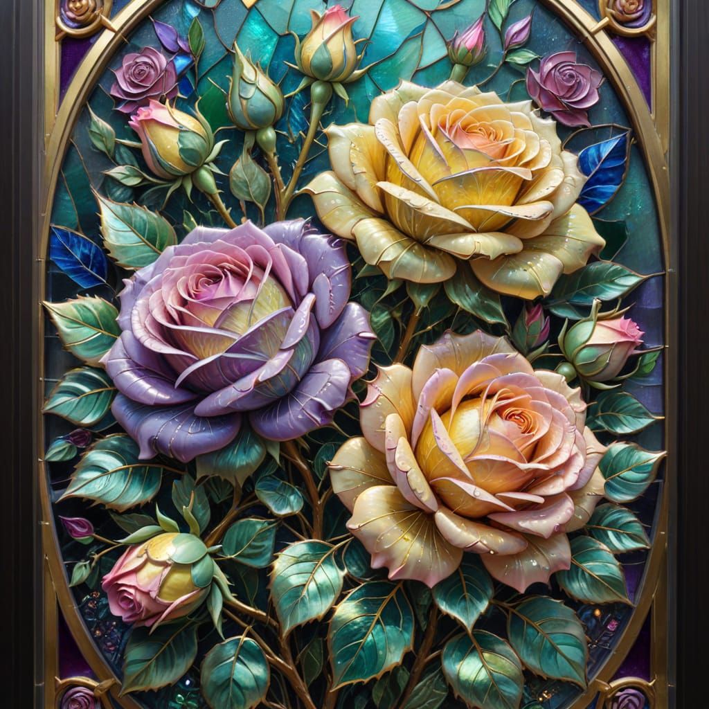 Pastel Roses in Tiffany Stained Glass Style