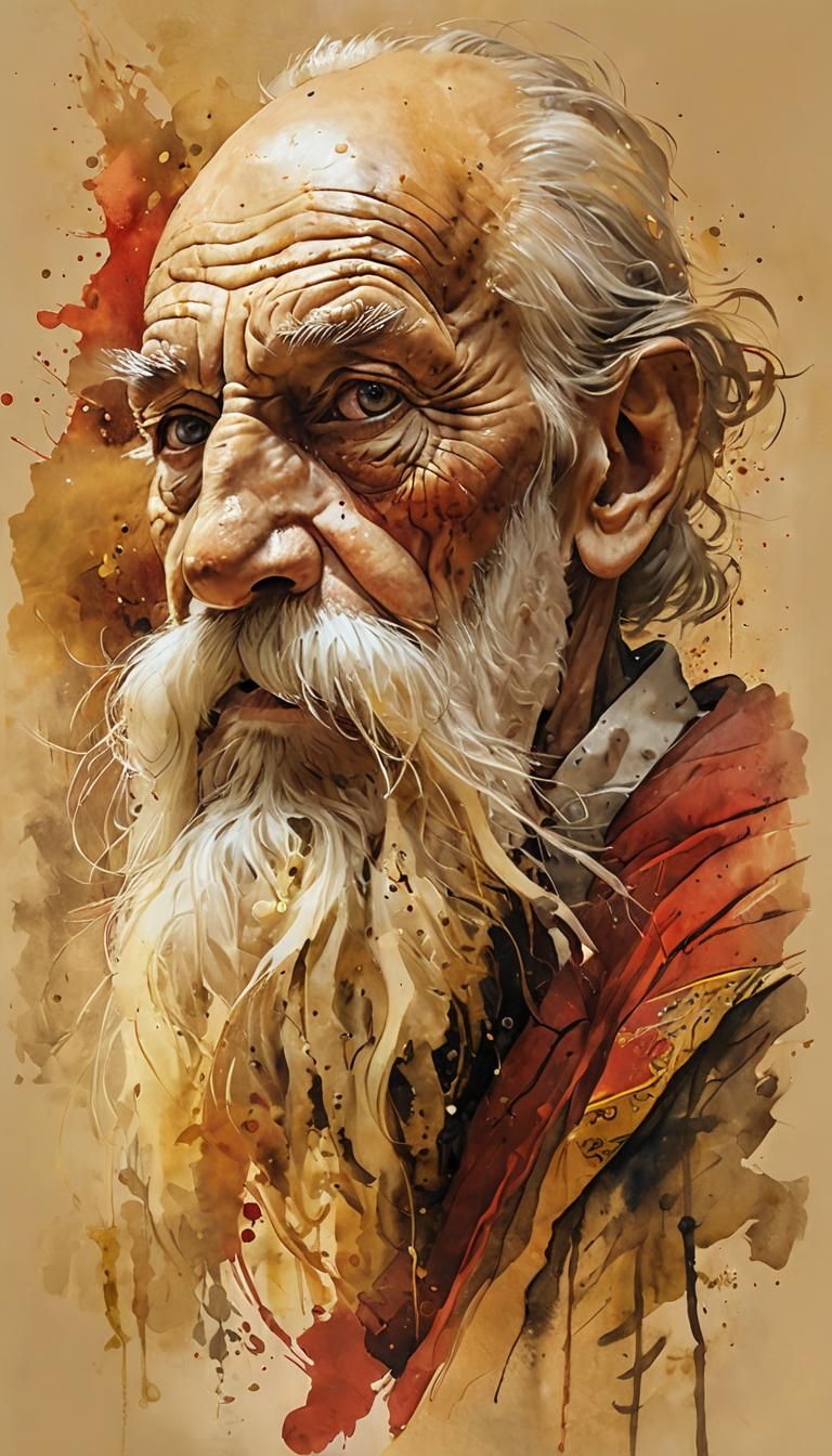 Painting by Pino Daini (splash art , ink drawing, watercolor) . Head of old man with long beard. The color palette is d...
