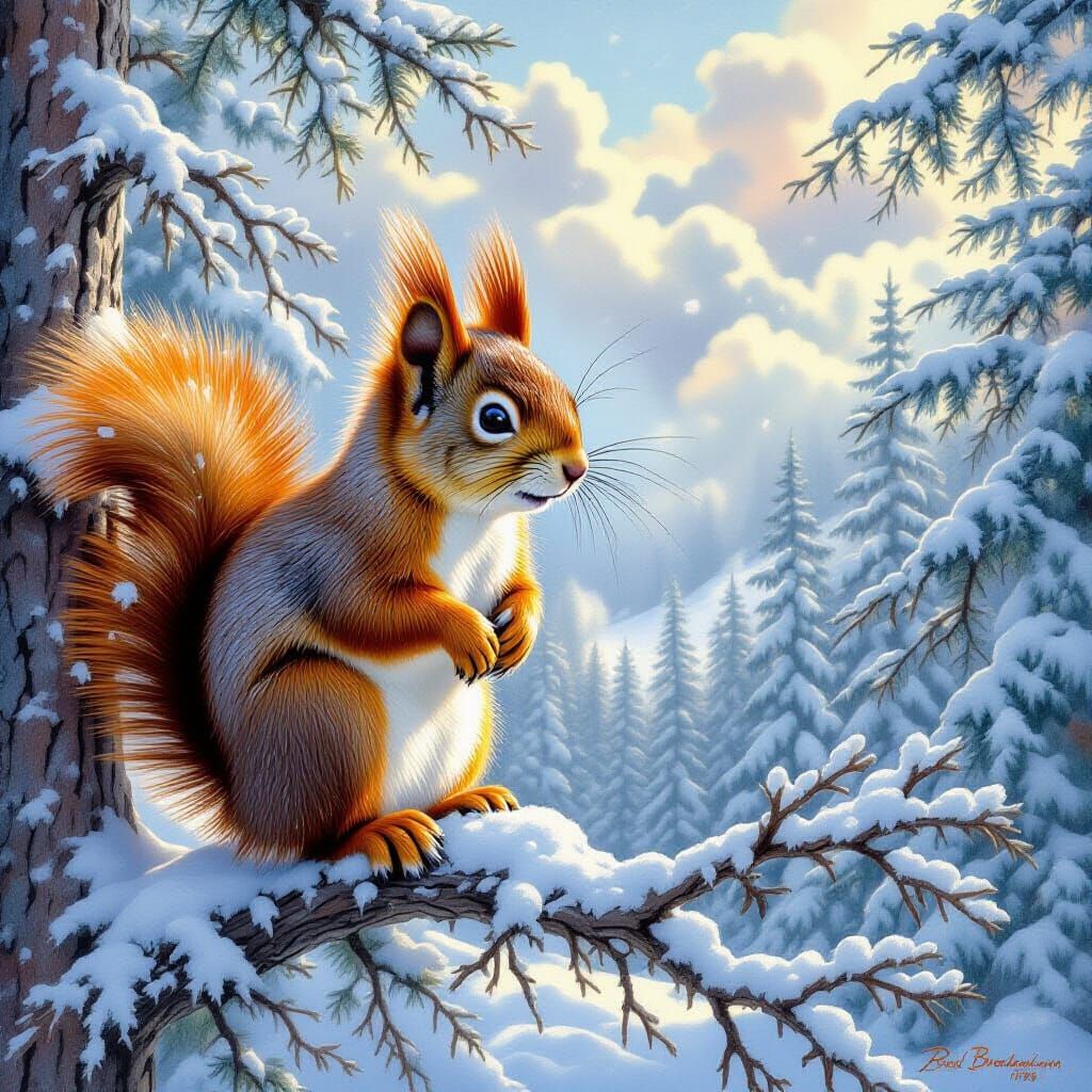 Red Squirrel in Winter Wonderland, Wildlife Art