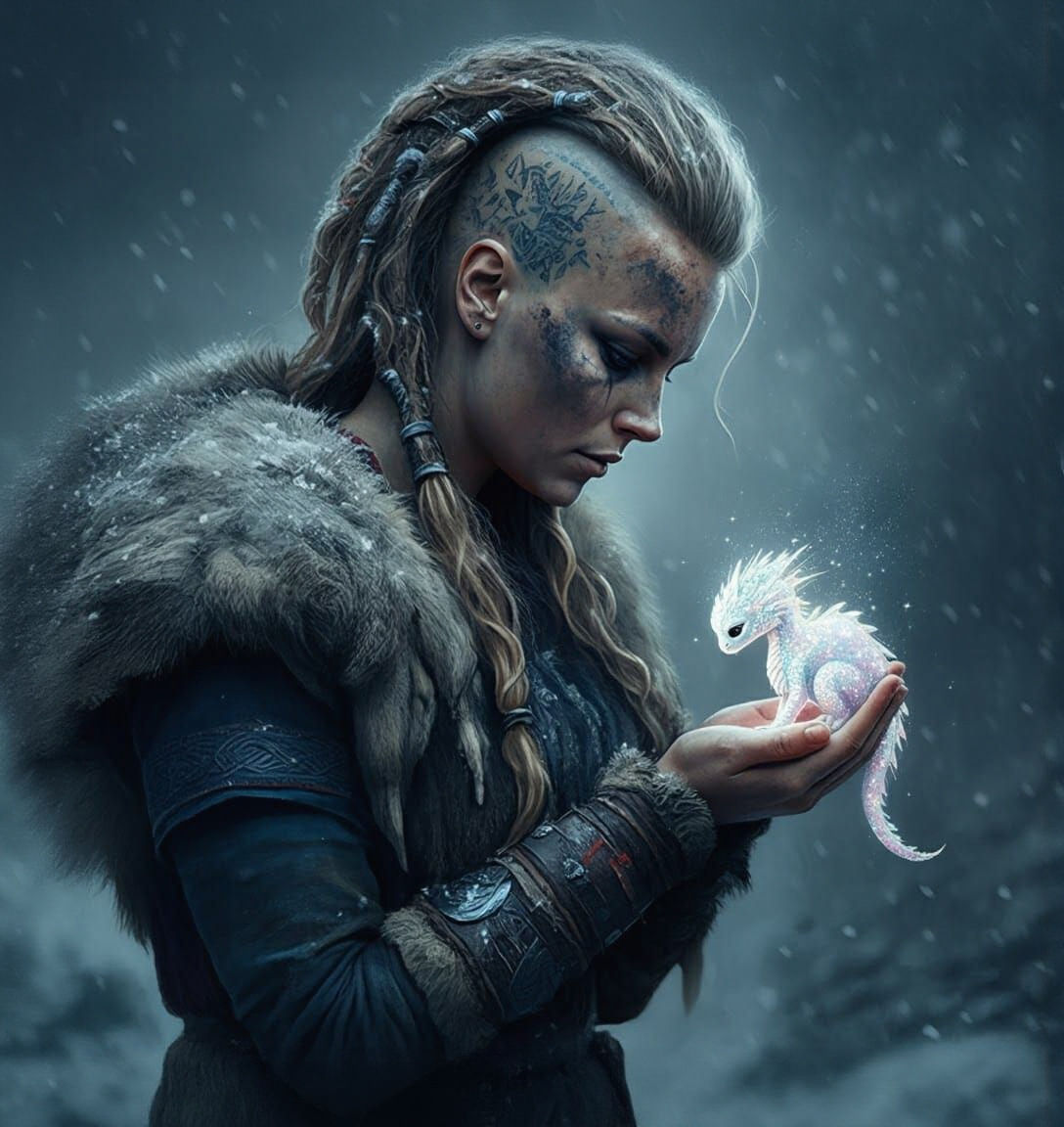 Viking Woman with Dragon in Snowstorm