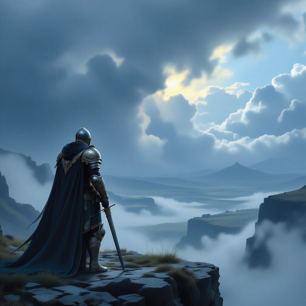 Knight on Windswept Cliff in Epic Fantasy Art Style
