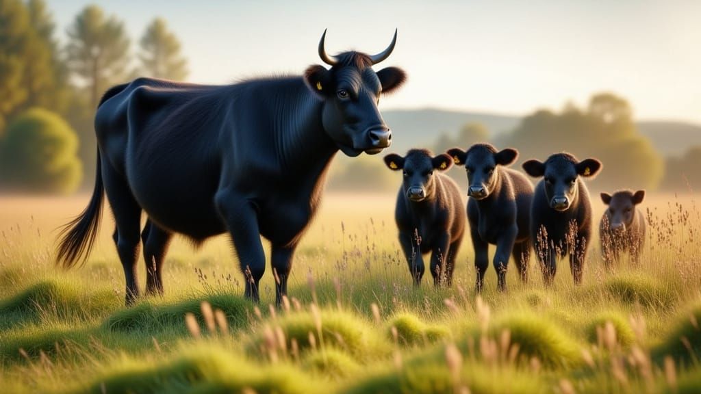 Black Aberdeen Angus Cows in a Watercolor Field
