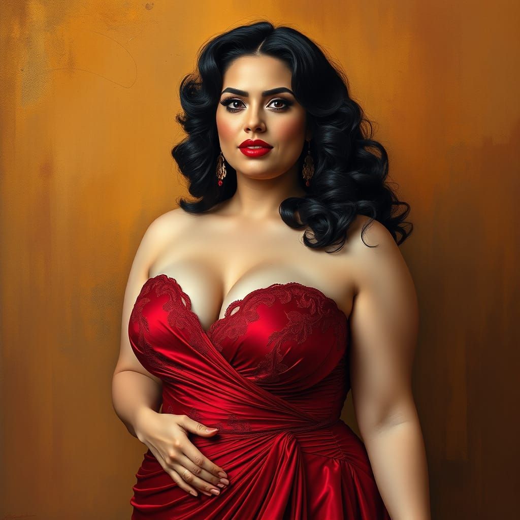Elegant Curvy Woman in Crimson Gown