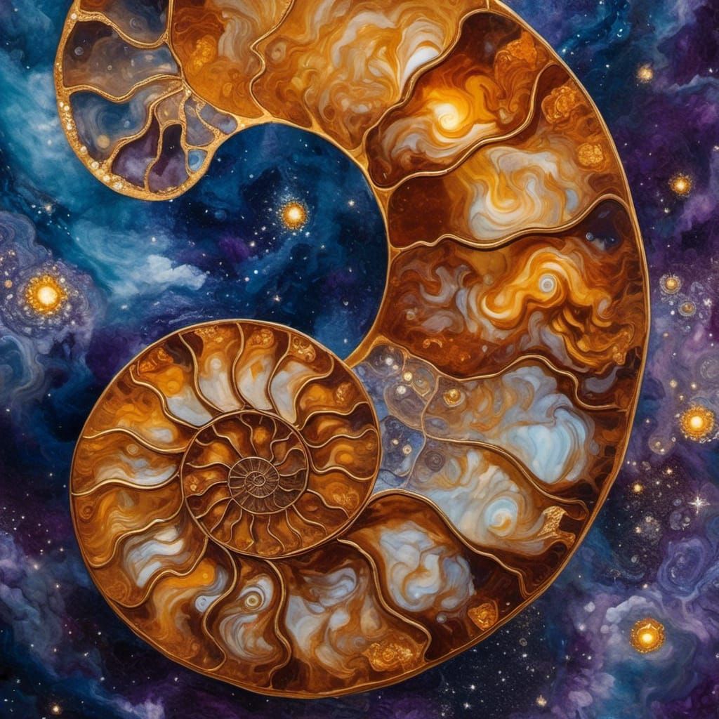 Ammonite Fossil in Amber: Van Gogh-Inspired Macro Photograph...